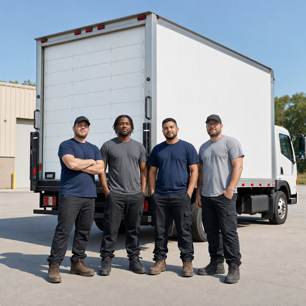 Four uniformed Modesto movers standing relaxed in front of a clean white commercial box truck at the depot