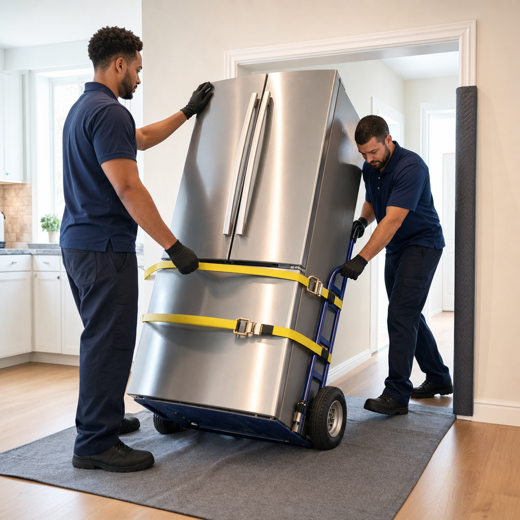 Two uniformed Modesto movers tilting a refrigerator onto an appliance dolly with straps in a kitchen doorway