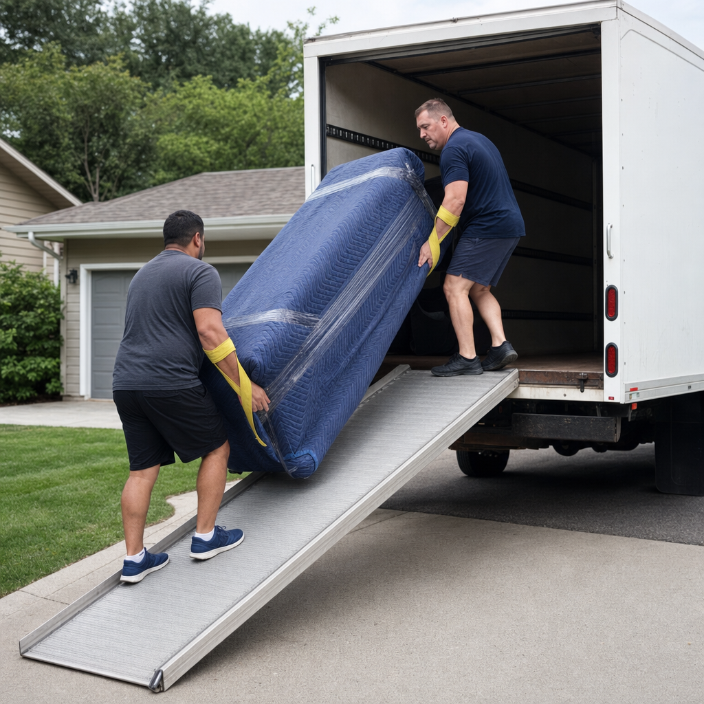Two uniformed Modesto movers loading wrapped furniture into a rental box truck in a suburban driveway, using hi-vis yellow lifting straps and e-track securing