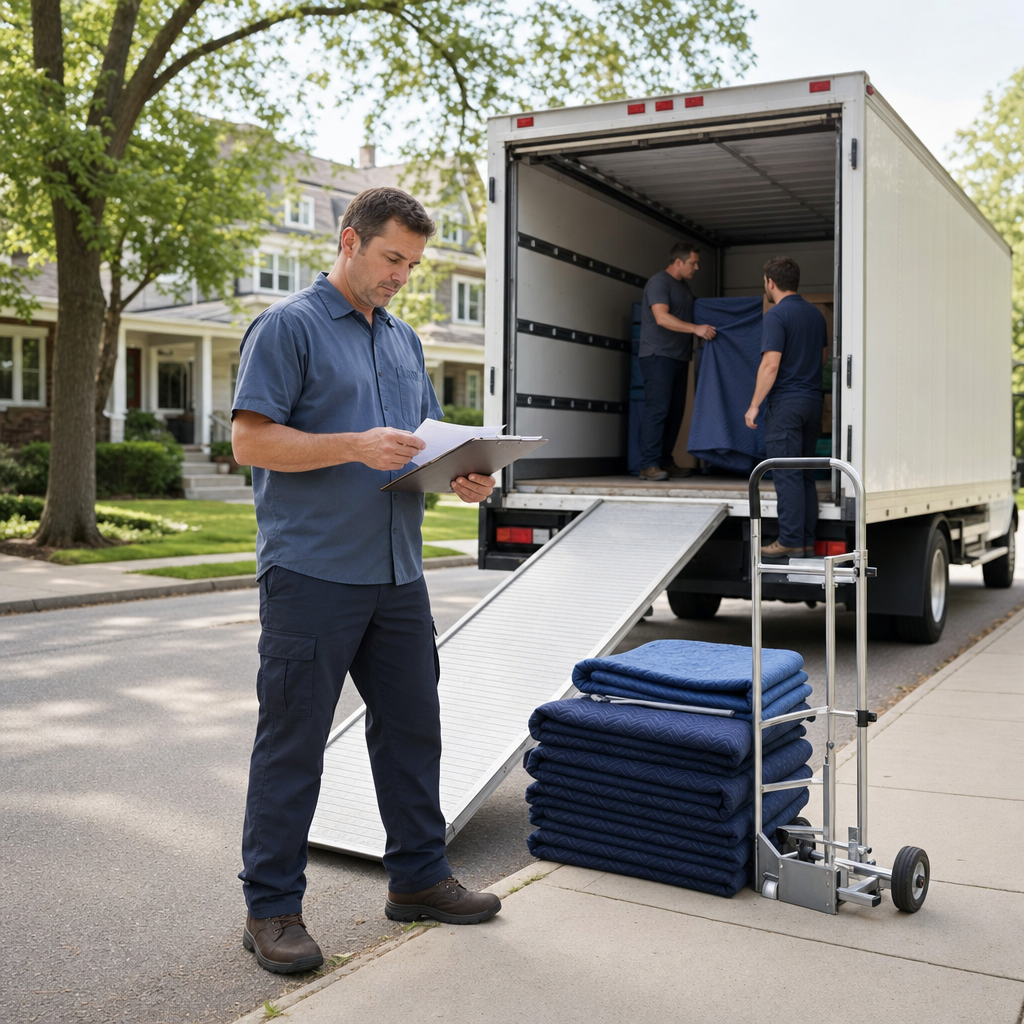 Modesto moving crew lead reviewing a written quote on a clipboard beside the open ramp of a box truck at the curb