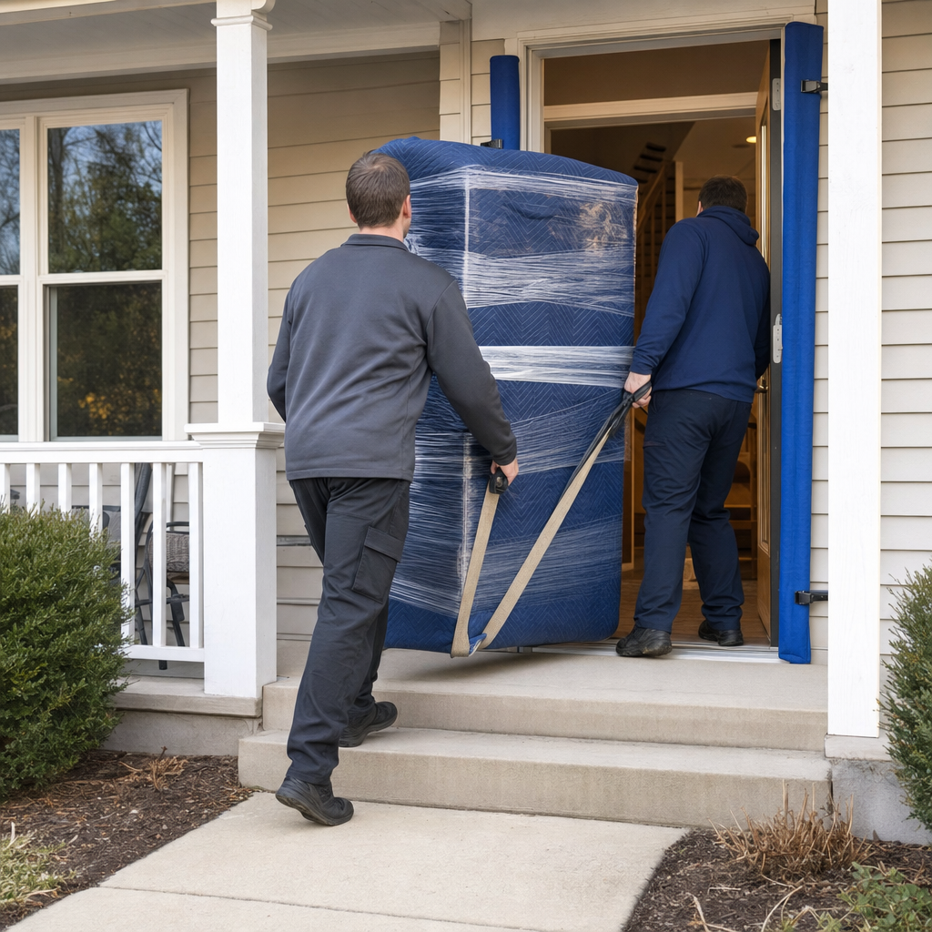 Two uniformed Modesto movers carrying a quilted-blanket-wrapped dresser through a home's front doorway with door-jamb protection in place